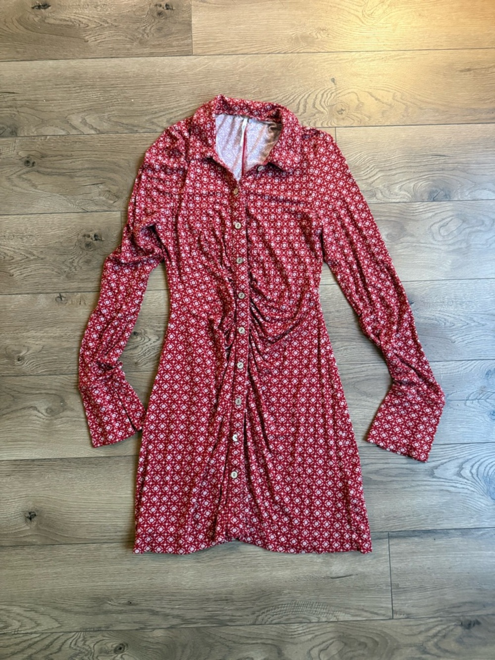 Free People Red Button-Front Long-Sleeve Ruched Dress